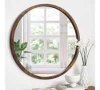 JJUUYOU Miroir mural rond rond 30 cm vintage avec cadre en bois, idéal pour salle de bain, salon, chambre à coucher, toilettes, dortoir, marron rustique