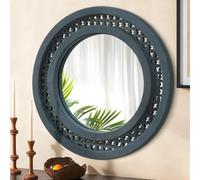 JJUUYOU Miroir rond avec cadre en bois pour mur - 50 cm - Miroir circulaire à suspendre pour salon, salle de bain, vanité, entrée, couloir - Bleu