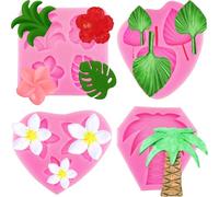 JJzxwish Lot de 4 moules en silicone en forme de feuilles tropicales pour décoration de gâteaux ou de gâteaux - Motif fleurs d'hibiscus et de monstera, feuilles de palmier et de plumeria