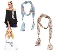 JK Home 2Pcs Ceintures Foulard Femme Echarpe du Cheveux en Dentelle Floral Fichu Bandeau Cravate Long Etroit Sac à Main Poignet Bracelet #C Azur + Kaki