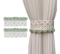 JK Home 2Pcs Embrasses pour Rideau en Dentelle 46 x 8.5 cm Attache de Rideaux Bande Large avec Pompom Bouton Decoration Extérieur Intérieur Vert