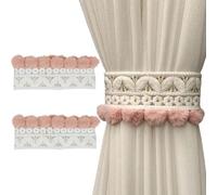 JK Home 2Pcs Embrasses pour Rideau en Dentelle 46 x 8.5 cm Attache de Rideaux Bande Large avec Pompom Bouton Decoration Extérieur Intérieur Rose