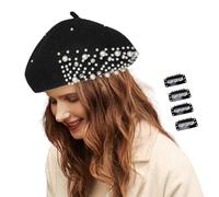 JK Home Béret Francais Vintage Décor avec 4Pcs Pinces Perles Chapeau Artiste Elégant Couleur Unie Hiver Souple Cordon Ajustable Perle Adulte Noir