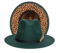 JK Home Fedora Feutre Chapeau de Jazz Mariage Bicolore Large Bord avec PU Cuir Boucle Arête Intérieur Cordon Ajustable Vert Foncé
