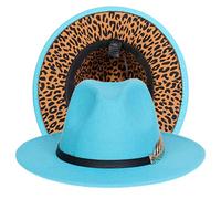 JK Home Fedora Feutre Chapeau de Jazz Mariage Bicolore Large Bord avec PU Cuir Boucle Arête Intérieur Cordon Ajustable Bleu