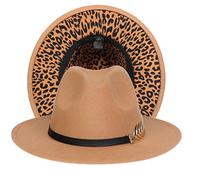 JK Home Fedora Feutre Chapeau de Jazz Mariage Bicolore Large Bord avec PU Cuir Boucle Arête Intérieur Cordon Ajustable Kaki