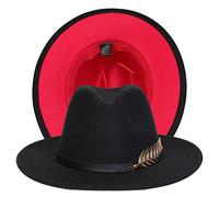 JK Home Fedora Feutre Chapeau de Jazz Mariage Bicolore Large Bord avec PU Cuir Boucle Arête Intérieur Cordon Ajustable Noir/Rouge