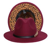 JK Home Fedora Feutre Chapeau de Jazz Mariage Bicolore Large Bord avec PU Cuir Boucle Arête Intérieur Cordon Ajustable Bordeau