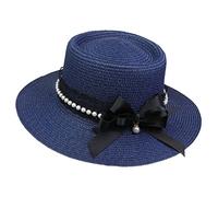 JK Home Panama Eté Femme Chapeau de Soleil avec Nœud de Papillon Capeline Large Bord pour Plage Mariage Camping Marine Bleu
