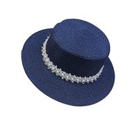 JK Home Pliable Chapeau de Soleil Femme Panama en Paille Capeline Large Bord avec Ruban Mariage Plage Marine Bleu