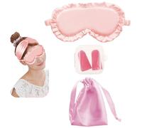 JK Home Sommeil Masque de Nuit Lace en Soie Imité Sangle Elastique Cache Yeux pour Dormir Sac de Rangement Bouchons d'Oreille Voyage Aéroport Rose