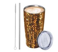 JKASDTRP Gobelet de voyage isotherme de 591 ml en acier inoxydable étanche avec couvercle et paille - Tasse à café de voyage à paillettes dorées - Cadeau idéal pour femme, homme, amoureux