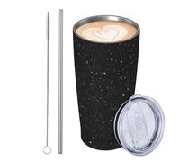 JKASDTRP Gobelet de voyage isotherme de 591 ml en acier inoxydable étanche avec couvercle et paille - Tasse à café de voyage noire à paillettes - Cadeau idéal pour femme, homme, amoureux