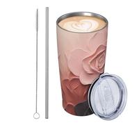 JKASDTRP Gobelet de voyage isotherme en acier inoxydable de 591 ml, étanche, avec couvercle et paille, tasse à café de voyage de couleur rose pâle et noir, cadeau pour femme, homme, amoureux