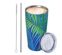 JKASDTRP Gobelet de voyage isotherme en acier inoxydable de 591 ml - Tasse à café de voyage étanche avec couvercle et paille - Tasse à café de voyage en forme de feuilles de palmier tropicales, cadeau
