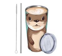 JKASDTRP Gobelet de voyage isotherme en acier inoxydable de 591 ml - Tasse à café de voyage étanche avec couvercle et paille - Tasse à café de voyage en forme de loutre mignonne de dessin animé
