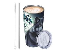 JKASDTRP Gobelet de voyage isotherme en acier inoxydable de 591 ml - Tasse à café de voyage étanche avec couvercle et paille - Tasse à café de voyage avec motif de loup sous la lune - Cadeau idéal