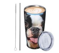 JKASDTRP Gobelet de voyage isotherme en acier inoxydable de 591 ml - Tasse à café de voyage étanche avec couvercle et paille - Joli gobelet de voyage Boston Terrier - Cadeau pour femme, homme