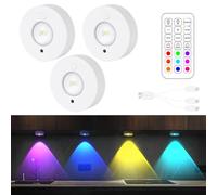 JKCUYOO 3PCS Lampe de Placard avec Telecommande,3 températures de couleur et 9 éclairages RVB sous l'armoire,Spot Led rechargeable,Dimmable Lampe de Placard pour Vitrine Armoire, Cuisine,Armoire