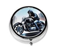 JKDGOJ Mini pilulier rond motif squelette moto avec 3 compartiments pour le rangement des pilules et le voyage portable
