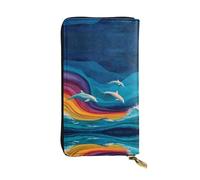 JKDGOJ Portefeuille long en cuir avec fermeture éclair pour femme Motif dauphins et vagues arc-en-ciel Grande capacité