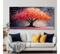 JKEVCBIAX Grande toile murale représentant un cerisier en fleurs avec des accents floraux roses, sur fond sombre, œuvre d'art contemporaine pour salon (75 x 150 cm/sans cadre)