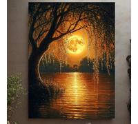 JKEVCBIAX Impression sur toile « Pleine lune au-dessus d'un saule pleureur au bord du lac », présentant une œuvre d'art mystique avec un ciel nocturne doré et onirique (50 x 75 cm/Sans cadre)