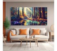 JKEVCBIAX Tableau abstrait sur toile - Grande toile murale représentant un ruisseau en forêt ensoleillée - Paysage vibrant pour décoration murale de chambre (75 x 150 cm/Sans cadre)