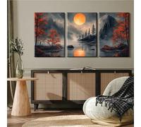 JKEVCBIAX Tableau sur toile « Lac au clair de lune » - Paysage de montagne sombre avec reflets rouges d'une nuit tranquille - Décoration nature sereine (75 x 110 cm x 3 / Sans cadre)