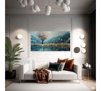 JKEVCBIAX Tableau sur toile représentant un lac en fleurs de cerisier, paysage floral minimaliste moderne aux couleurs pastel, décoration intérieure inspirée par la nature (90 x 180 cm/sans cadre)