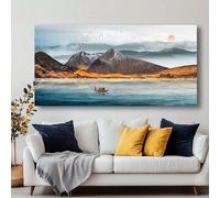 JKEVCBIAX Tableau sur toile représentant un paysage de montagne moderne - Sérénité avec sommets enneigés, coucher de soleil sur un lac, tons chauds bleu doré pour le salon (90 x 180 cm/Sans cadre)