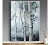 JKEVCBIAX Tableau sur toile représentant une forêt de bouleaux - Grand tronc blanc à l'écorce blanche et grise, feuillage vert brumeux - Peinture scandinave moderne (50 x 75 cm/Sans cadre)