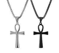 JKJF 2 Stück Ägyptische Ankh Kreuz Anhänger Halskette Edelstahl Ankh Anhänger Kette Vintage Koptisch Ankh Kreuz Religiöse Halskette Gotik Hip Hop Punk Halskette für Herren und Jungen - Silber Schwarz