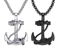 JKJF 2 Stück Anker Anhänger Kette Halskette Edelstahl Anker Nautisch Anhänger Kette Vintage Marine Piratenkette Gotik Hip Hop Punk Rock Halskette für Herren und Jungen - Silber Schwarz