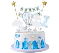 JKJF Décoration de gâteau d'anniversaire 1er anniversaire garçon - Topper Happy Birthday bannière guirlande décoration de gâteau cake toppers pour bébé - Bleu