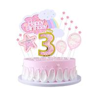 JKJF Décoration de gâteau d'anniversaire 3 ans pour fille - Décoration de gâteau arc-en-ciel nuages Happy Birthday - Étoiles - Ballon - Pour enfants - Rose