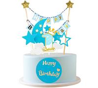 JKJF Décoration de gâteau de 1er anniversaire pour garçon, décoration gâteau d'anniversaire à paillettes Happy Birthday guirlande de nuage étoile lune de cupcake pour prénatale d'anniversaire - Bleu