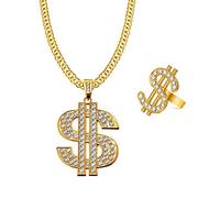 JKJF Dollar Zeichen Halskette Ring Set Hip Hop Dollar Halskette 80er 90er Rapper Goldkette für Männer Frauen Fête à thème Carnaval Fête Cosplay Accessoire - Anneau ouvert
