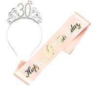 JKJF Écharpe Happy 30e anniversaire 30 ans cristal diadème strass couronne serre-tête pour femmes cadeau d'anniversaire décoration de fête accessoires - or rose 2 pièces
