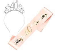 JKJF Écharpe Happy 40e Anniversaire 40e Anniversaire Cristal Tiare Strass Couronne Serre-tête pour Femmes Cadeau d'anniversaire Décoration de Fête Accessoires - Or Rose 2 pièces