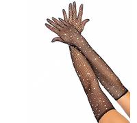 JKJF Gants Longs en Résille avec Strass - Extensibles pour Fête d'Opéra, Mariage, Halloween, Cosplay, Thé, Banquet, Boîte de Nuit - Maille Scintillante Noir