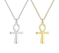JKJF Lot de 2 colliers avec pendentif en forme de croix d'Ankh en acier inoxydable - Chaîne avec amulette nordique - Pour femme - Argenté/doré