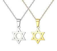 JKJF Lot de 2 colliers avec pendentif étoile de David en acier inoxydable - Chaîne avec amulette Israël - Pour femme - Argenté/doré