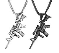 JKJF Lot de 2 colliers avec pendentif fusil d'armée - Hip Hop Punk Rock - Chaîne gothique - Fusil d'assaut - Vintage - Collier motard pour homme - Noir argenté Style 1
