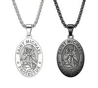 JKJF Lot de 2 colliers avec pendentif Saint Michael en acier inoxydable - Hip Hop Punk Archange - Pour homme et femme - Argenté et noir