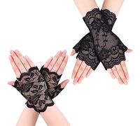 JKJF Lot de 2 paires de mitaines en dentelle pour femme - Élégantes et courtes - Motif floral Longueur poignet Pour mariage Halloween, cosplay, bal, goûter, banquet, boîte de nuit Noir 2 styles, noir