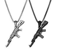 JKJF Lot de 2 pendentifs armée fusil - Collier hip hop punk rock - Chaîne de pistolet d'assaut gothique - Collier de motard vintage - Pour homme - Noir et argenté - Style 2