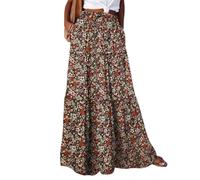 JKJFJKA Jupe Femme Longue Boho Fleurs Hautes Taille Élastique avec Poches Et Ceinture Jupes Plissee Ete Loisirs Jupon Dress De Plage Marron S