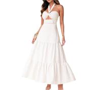 JKJFJKA Robe Invitée Mariage Femme Sexy Bustier Dos Nu Hollow Out Halter Ligne A Maxi Tendance Uni sans Manches Étagée Fluide Longue Robes Blanc S