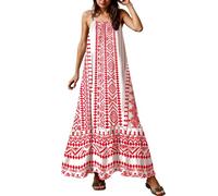 JKJFJKA Robes D'Été Femme Décontracté Large Bretelles Spaghetti Col Rond Smocked Volants Fluide Longue Tendance Imprimé Vintage sans Manches Boho Robes Rose XL